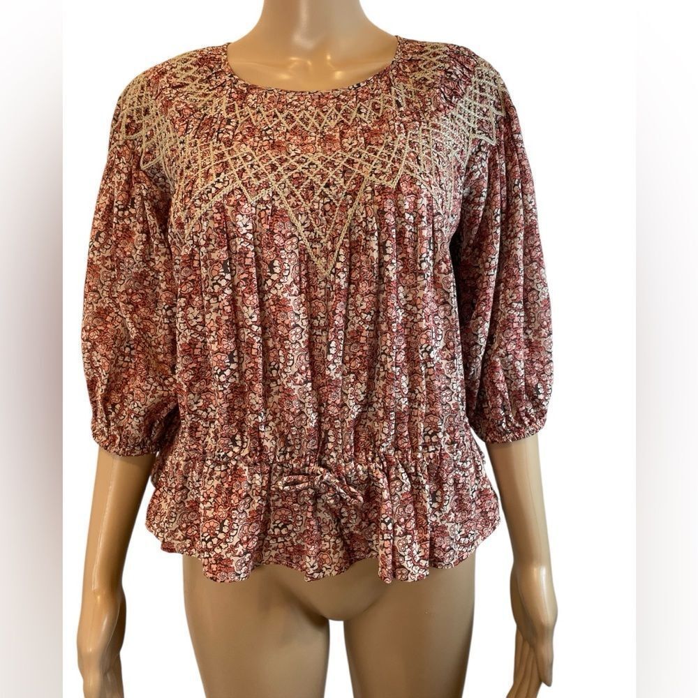 Ba& &Sh Isaure Greige Blouse Floral Lace Accent Blouse - Red And Cream Size 1